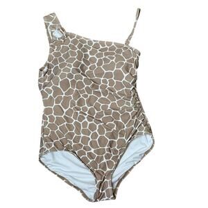 Michael Kors Animal Print One Shoulder Strap Swim Suit Tan White